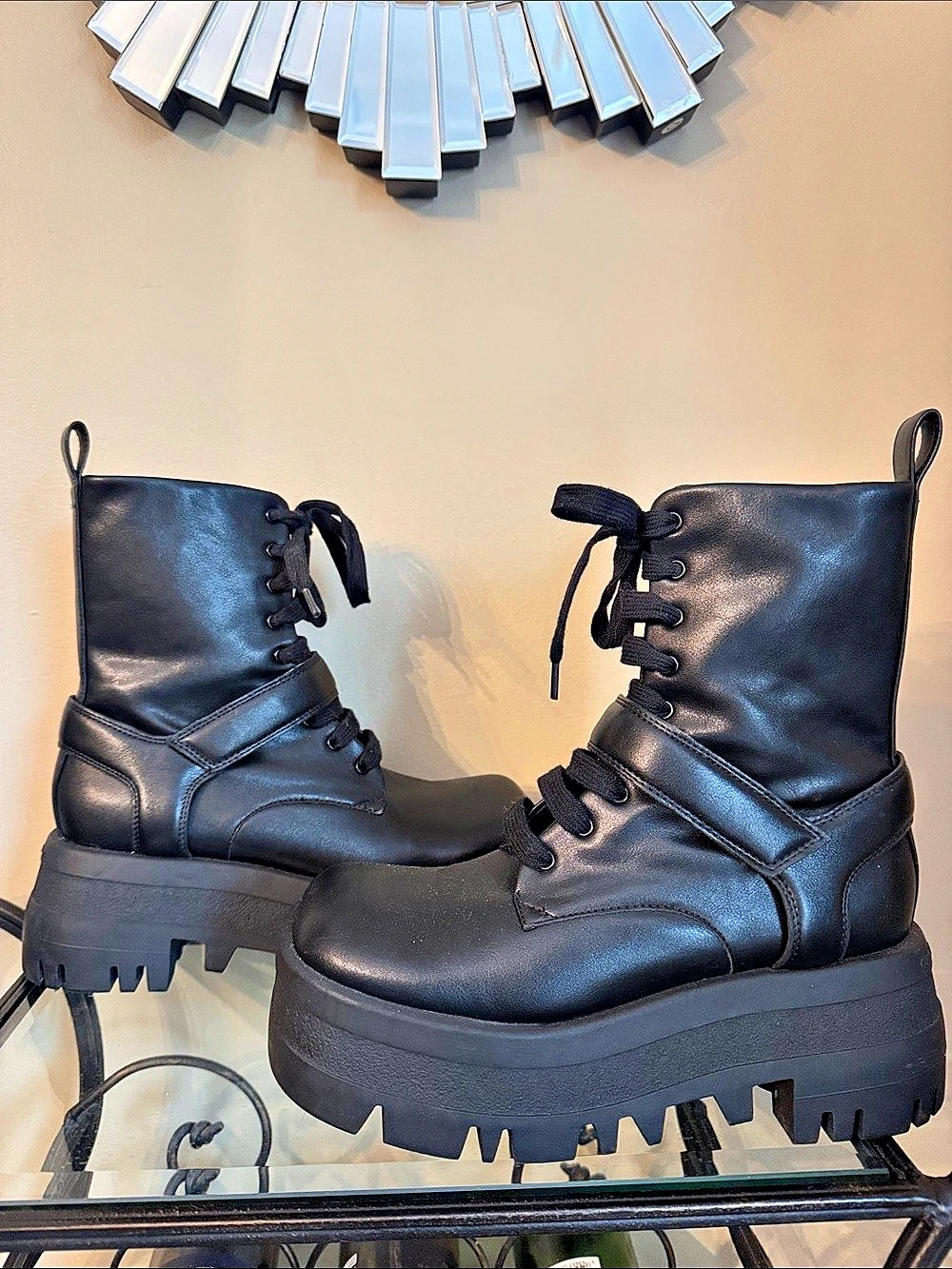 CHARLES & KEITH Black Combat Platform Boots Like New